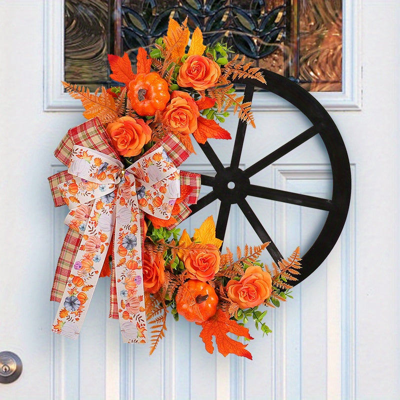 Artificial Flower Thanksgiving Fall Harvest Festival Pumpkin Wreath - Wheel Door Wall Hanging Decor with Simulation Flower Bowknot Design, Simulated Green Plant, Pumpkin Design for Indoor/ Outdoor Decoration Artificial Flower Thanksgiving Fall Harvest Festival Pumpkin Wreath - Wheel Door Wall Hanging Decor with Simulation Flower Bowknot Design, Simulated Green Plant, Pumpkin Design for Indoor/ Outdoor Decoration